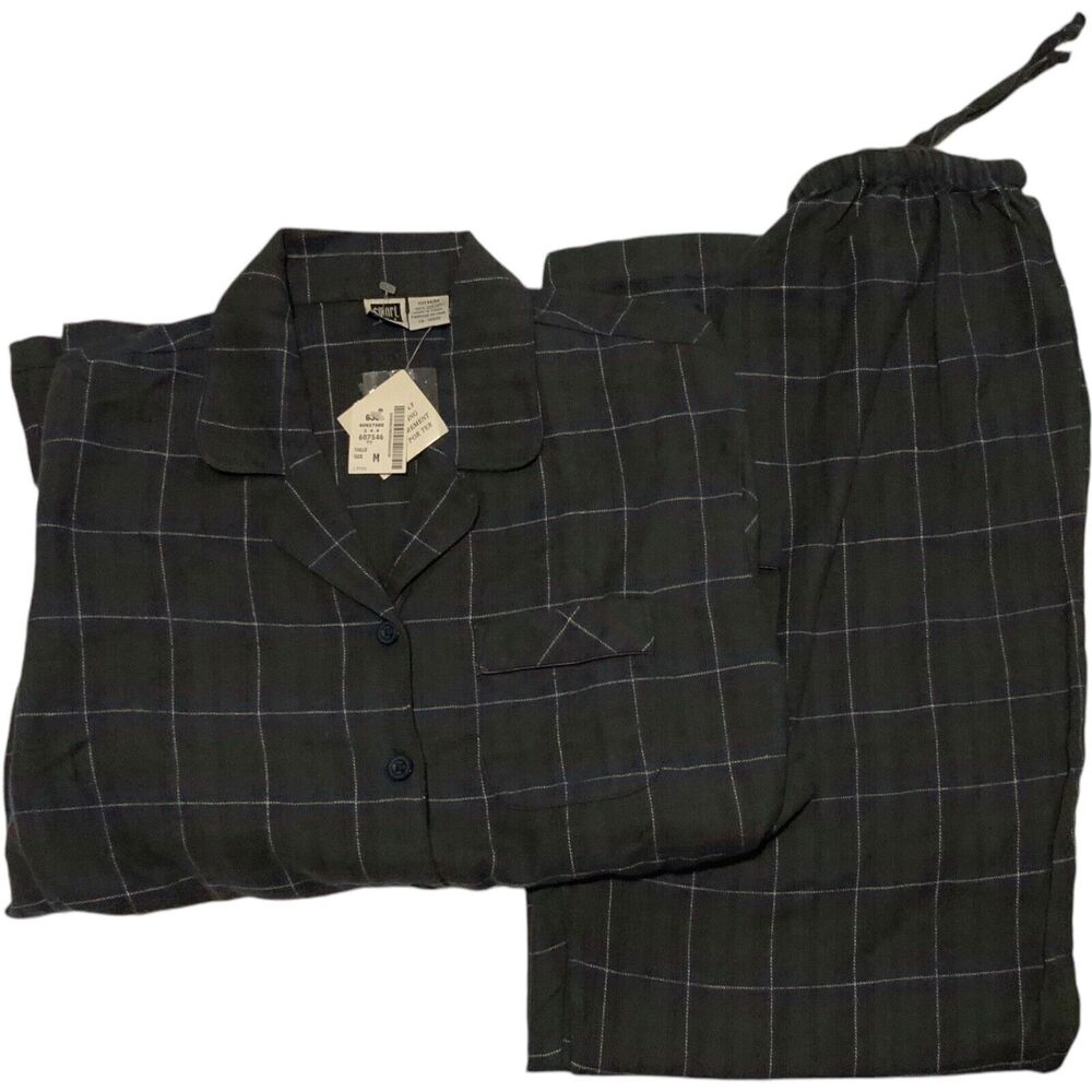 VTG 80s y2k Plaid Pajamas Set Drawstring Button Shirt Pocket Sz M Unisex MCM